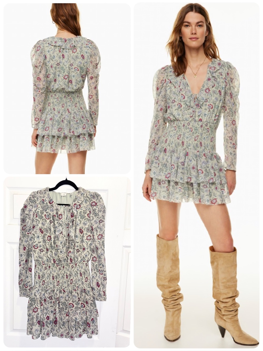 Aritzia Wilfred Poem Tiered Mini Dress Floral Ruffled Sage Green Size Medium